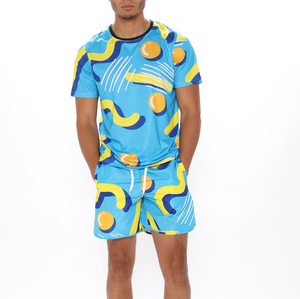 Men's Casual Summer Short Sleeve Woven 100% Cotton Breathable Solid Design Digital Printing T-Shirt Shorts <b>Set</b> - Product Image 4