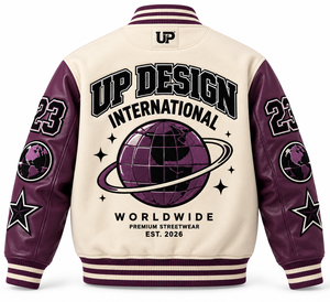 Veste de baseball personnalisée crème et violette avec manches en cuir, veste bomber de qualité supérieure, logo streetwear brodé - Product Image 1
