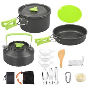 Set di pentole in alluminio da 16 pezzi per campeggio, include fornello, pentola, padella, bollitore, ciotole, coltello, forchetta, cucchiaio, moschettone e spa. - Product Image 1