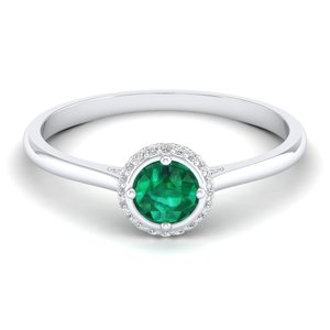 Anillo de compromiso y boda REYES de lujo, personalizado, con corte redondo, esmeralda de 0.5 quilates, solitario, en oro blanco macizo de 14 quilates, con diamantes, para ella. - Product Image 2