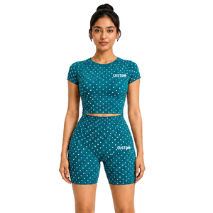 Conjunto de Yoga de 2 Piezas para Mujer, Estilo Moderno, Top Corto de Manga Corta con Estampado de Lunares, Pantalones Cortos Deportivos, Ropa Deportiva para Gimnasio, Traje Deportivo - Product Image 1