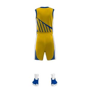 Ensemble de maillots de basket-ball unisexe pour adultes, jaune et bleu, col en V, manches longues, respirant, imprimé numérique, polyester, taille élastique - Product Image 2