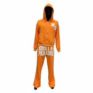 Ensemble de survêtement à capuche orange avec fermeture éclair intégrale, sweat-shirt et pantalon en coton, impression personnalisée, unisexe, décontracté, pour l'automne - Product Image 1