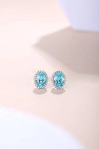 Classic 925 <b>Silver</b> <b>Stud</b> Earrings With Oval Blue Topaz And Diamond Halo For Women Everyday Wear - Product Image 1