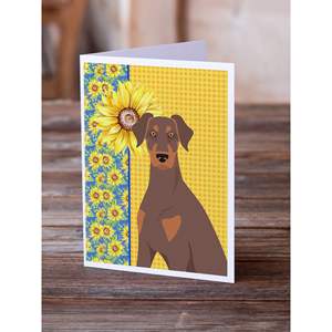 Tournesols d'été Doberman Pinscher Cartes de vœux Pack 8 Whimsical A7 Taille 5x7 Cartes vierges Red Tan Ear Natural Sunflowers - Product Image 2