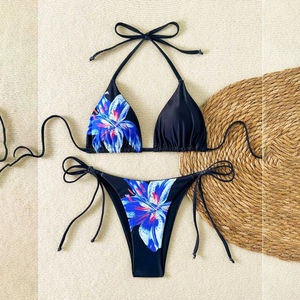 Conjunto de Bikini Tankini Floral Personalizado de Poliéster y Spandex para Mujer, Traje de Baño de Dos Piezas Triangular, Transpirable, Estampado Azul, Ajustable con Lazos Delanteros Laterales - Product Image 1