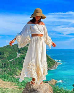 Women's Solid Off-Shoulder Ruffled Two-Piece Skater Dress Set Cotton Blend Sleeveless Short Top Full-Length <b>Skirt</b> Summer Beach - Product Image 3