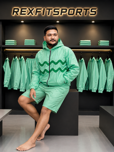 REXFIT SPORTS 2026 Ensemble short et veste coupe-vent à capuche zippée intégrale en nylon vert menthe pour homme avec empiècements ondulés, vêtements de sport personnalisés - Product Image 3