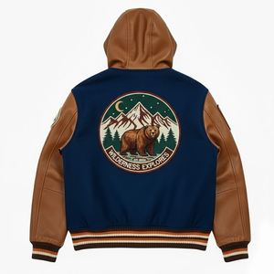 Diseña tu propia chaqueta varsity de alta calidad, cálida para el invierno, con capucha y cuello, para hombres y chicos. - Product Image 2