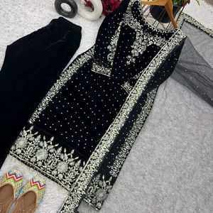 Nuevo diseñador de lanzamiento Viscose Velvet Party Wear Top-Dupatta Fondo completamente cosido con bordado pesado Trabajo de mezcla para Salwar - Product Image 4