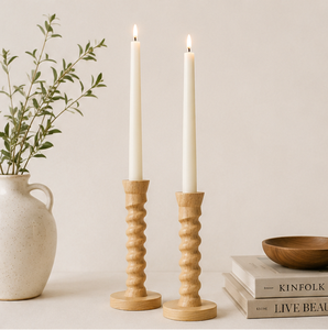 Handcrafted Wavy Oak Wooden Taper <b>Candle</b> Holder <b>Set</b> Modern Scandinavian Style Candlestick Stand For Dining Table Centerpiece - Product Image 4