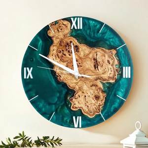 Round Wooden <b>Wall</b> <b>Clock</b> With Green Resin Half Minimalist Design Quartz Analog <b>Silent</b> For Living Room Bedroom Office Decor - Product Image 5