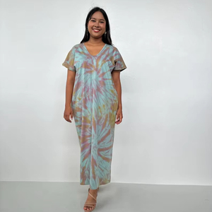 Caftán Marroquí Alisa de Algodón Jersey con Estampado Tie Dye, Vestido Informal para Mujer con Cuello en V y Bolsillos - Product Image 1