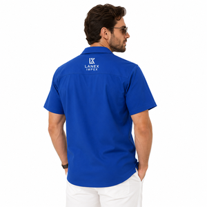 Chemise décontractée pour homme de haute qualité, bleue, à manches courtes, col rabattu, boutonnée, couleur unie, respirante, en popeline de polyester, pour l'été - Product Image 4