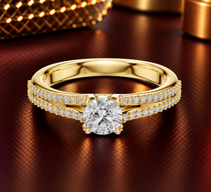 แหวนเพชรทรงกลมเพาะเลี้ยงในห้องปฏิบัติการ ทอง 14K 18K แบบโซลิแทร์ ขาแหวนยูโร 0.85 กะรัต DEF VVS แหวนแบบคลาสสิคประดับเพชรแบบ Pave ขาแหวนแยก แหวนแต่งงาน ODM - Product Image 1