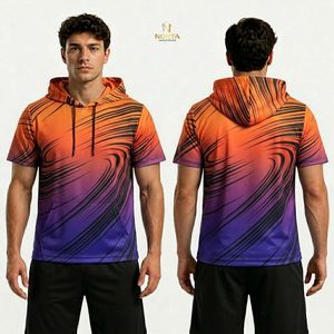 Camiseta Deportiva de Manga Corta con Capucha para Hombre, Sublimada con Patrón Rojo y Negro, de Poliéster, Transpirable y de Secado Rápido - Product Image 2