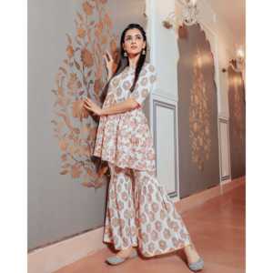 Ensemble haut pour femme en velours côtelé respirant à imprimé blocs de coton, style décontracté, taille XS, manches trois-quarts - Product Image 2