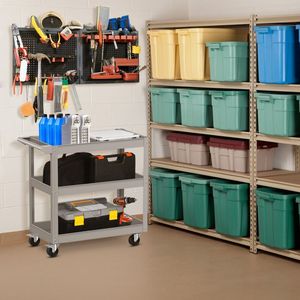 3-Tier Metal Utility Cart with Flat Handle and 2 Lockable Universal Wheels <b>Tool</b> <b>Trolley</b> - Product Image 3