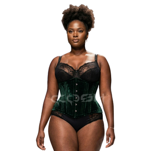 <b>Underbust</b> Steelboned Green Velvet Corset With Green Satin Trim For Sexy Women Outfit - Product Image 1