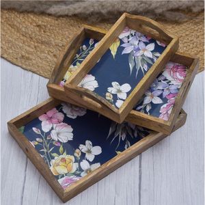 Handmade Wood Serving Tray with Moroccan Enamel Inlay Decorative Ottoman Coffee <b>Table</b> Tray Large Wood Food Platter Serving Tray - Product Image 6
