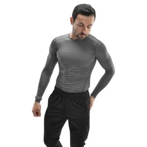 <b>Men's</b> Gray Textured Long Sleeve Athletic Compression Shirt Slim Fit Crew Neck <b>Base</b> <b>Layer</b> Training Top for Gym Fitness Workout - Product Image 1