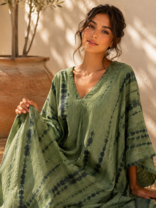 Green Tie Dye Cotton Eco-Friendly Bohemian <b>Kaftan</b> Dress V Neck Modern Fit Party Resort Wear Women <b>Summer</b> Kimono Floor-Length - Product Image 6