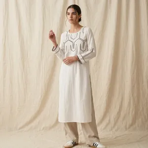 Women Cotton White Kurti Geometric <b>Embroidered</b> Round Neck Full Sleeve Straight Fit Long Ethnic <b>Tunic</b> Casual Comfortable Wear - Product Image 1