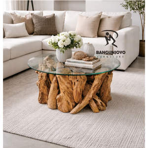 Mesa de Centro Multifuncional Hecha a Mano de Madera Maciza Ecológica y Duradera con Tapa de Vidrio para Sala de Estar - Product Image 2