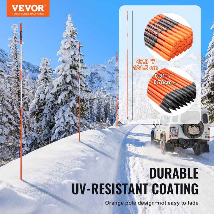 30 PCS 48 Inch 0.4 Inch Diameter Orange Fiberglass Poles Reflective Material Snow Stakes 12\" Steel Drill Bit Parking Lots