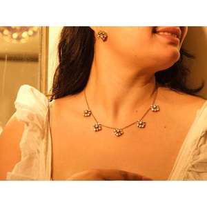 Gold Plated Flower Crystal Kundan 925 Sterling <b>Silver</b> <b>Choker</b> Necklace Earring Handmade Fine Jewellery Set - Product Image 3