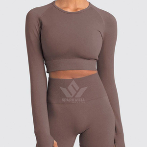 Women's Seamless Yoga Set Long Sleeve <b>Crop</b> <b>Top</b> High Waist Leggings Quick Dry Breathable 2 Piece Fitness Activewear - Product Image 4
