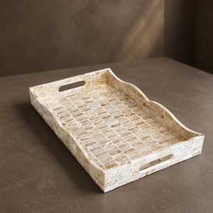 Bandeja Otomana Artesanal de Hueso con Incrustaciones de Concha, Decorativa Floral/Geométrica, para Mesa de Centro, Diseño Moderno Rústico - Product Image 1