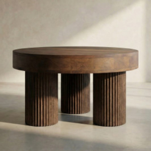 Table basse ronde en bois moderne avec pieds côtelés, design mid-century, légère, écologique, fabriquée à la main, meubles de salon - Product Image 1