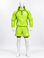 Ensemble de fitness personnalisé vert néon pour homme : Haut de sport à capuche semi-zippé et short 2-en-1 réfléchissant pour entraînement en salle de sport et perte de poids
