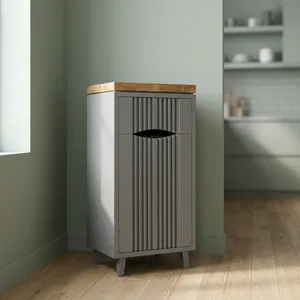 Minimalist Gray Storage Bathroom <b>Cabinet</b> with Wood Top and Vertical Slats Space Saving Design - Product Image 2