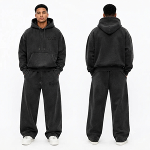 Ensemble de survêtement décontracté Vocksin en molleton épais noir délavé coupe droite pour homme avec pantalon large et sweat à capuche - Product Image 3