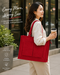 Red Jute Tote Bag With Zipper Closure And Front Pockets Minimalist Design For Daily Use - Product Image 1