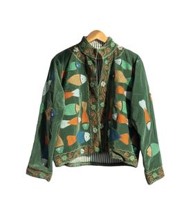 Veste en toile de coton matelassée Sujani vintage bohème pour femme, imprimé à la main bleu pistache vert, bordure dorée, tendance - Product Image 3