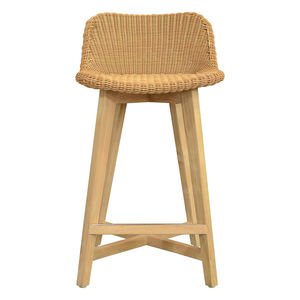 Tabouret de bar moderne en teck et en rotin synthétique avec repose-pieds pour les projets de café, de restaurant et d'hôtellerie - Product Image 1