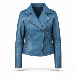 แจ็คเก็ตหนังแท้สีฟ้าสำหรับผู้หญิง พรีเมียม ทรงเข้ารูป ซิปแบบอสมมาตร เหมาะสำหรับฤดูใบไม้ร่วงและฤดูหนาว รับผลิตแบบ OEM ODM - Product Image 1