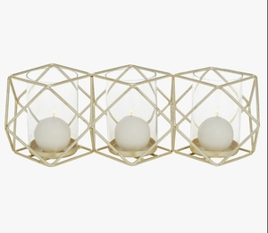 Gold Metal Geometric 3-Votive Candle Holder - Modern Triple <b>Cube</b> Candelabra with Glass Inserts for <b>Table</b> Centerpiece Home Decor - Product Image 2