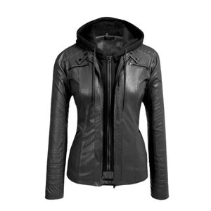 แจ็คเก็ตหนังเทียมสไตล์ไบค์เกอร์สีดำสุดฮิตสำหรับผู้หญิงไซส์พลัส พร้อมซิปและฮู้ด ขายดีมากจาก MotoCollection - Product Image 6