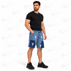 Shorts en jean patchwork pour homme, bleu délavé avec appliques croix blanches, taille mi-haute, style décontracté d'été - Product Image 2