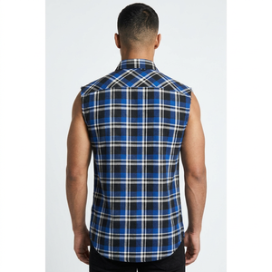 Camisa de Franela a Cuadros sin Mangas para Hombre, Azul y Negro, Cuello Camisero, Transpirable, 100% Algodón, para Otoño - Product Image 2
