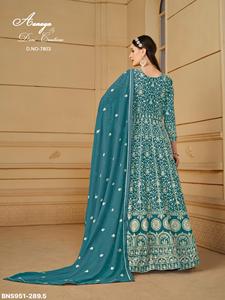 Vestido de gala semisellado de georgette sintético pesado con bordado integral de hilo blanco, largo hasta el suelo, con parte inferior y dupatta - Proveedor indio - Product Image 5