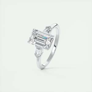Anillo de compromiso de tres piedras con diamante cultivado en laboratorio de corte esmeralda de 2.30 quilates con piedras laterales en forma de bala en oro blanco de 14K para boda. - Product Image 1