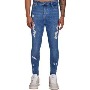Vaqueros Rasgados para Hombre con Efecto Spray, Azul Medio, Alta Elasticidad, Ajuste Ceñido, Estilo Desgastado, Vaqueros de Mezclilla Resistentes para Uso Diario y Estilo Urbano - Product Image 1