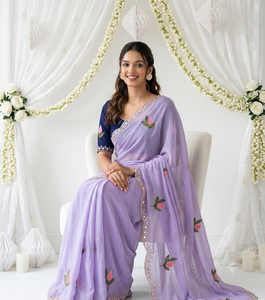 Sari de Seda Bordado con Flores Moradas Elegante de AARA Fashion para Mujer, Estilo Indio-Pakistaní, Largo hasta el Suelo, Corte Regular, para Bodas - Product Image 3