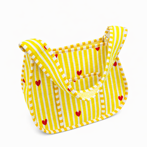 Bolso de Hombro de Tela de Algodón Acolchado - Amarillo a Rayas, Impermeable, Ligero, Lavable a Mano, Estilo Vintage para Navidad y San Valentín - Product Image 1