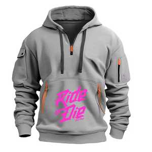 Sudadera con capucha y media cremallera para hombre, corte regular, de algodón tejido, con diseño de bolsillo y estampado 'Ride Or Die', estilo casual para otoño - Product Image 5